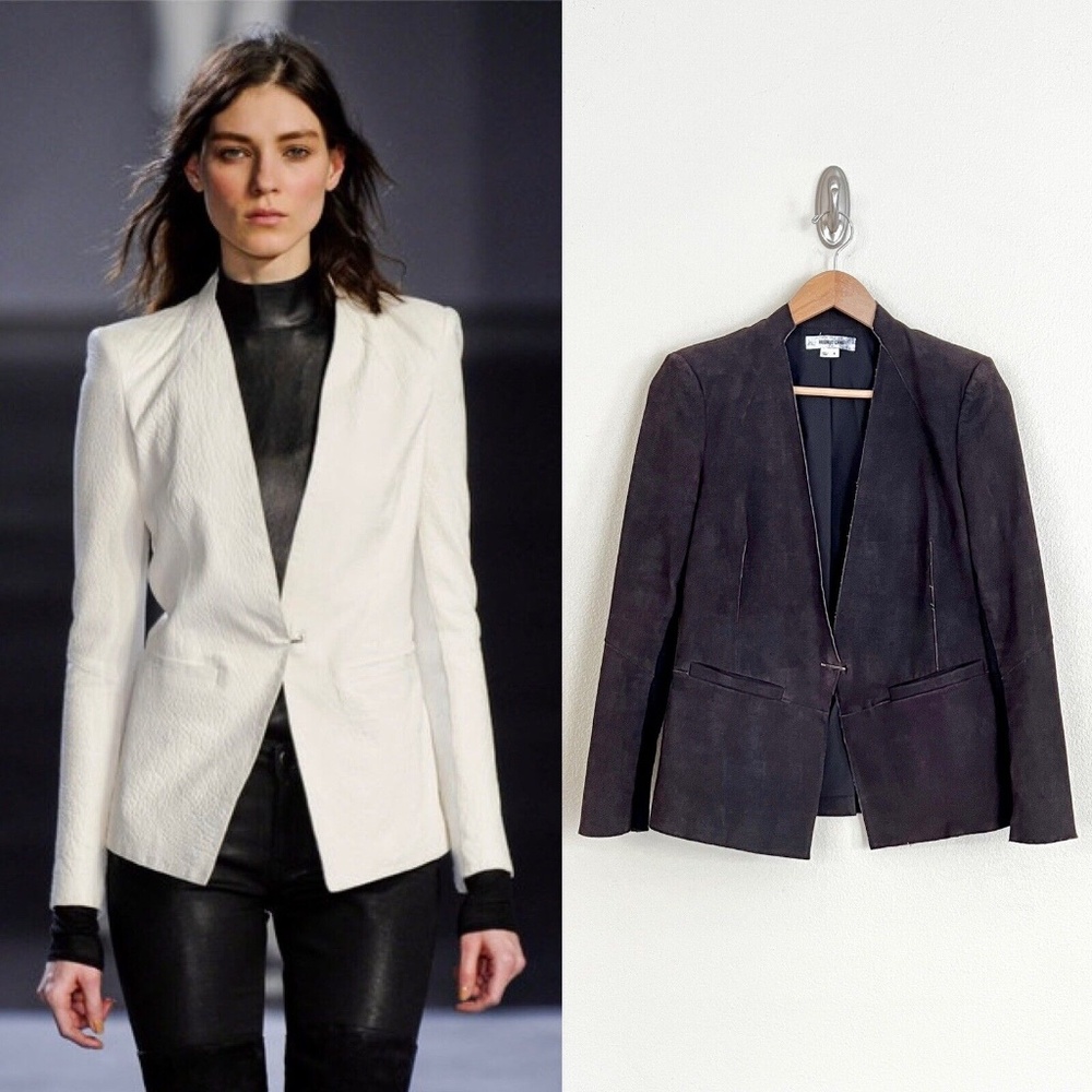 HELMUT LANG Blistered Embossed Leather Blazer Jacket in Charred Plum